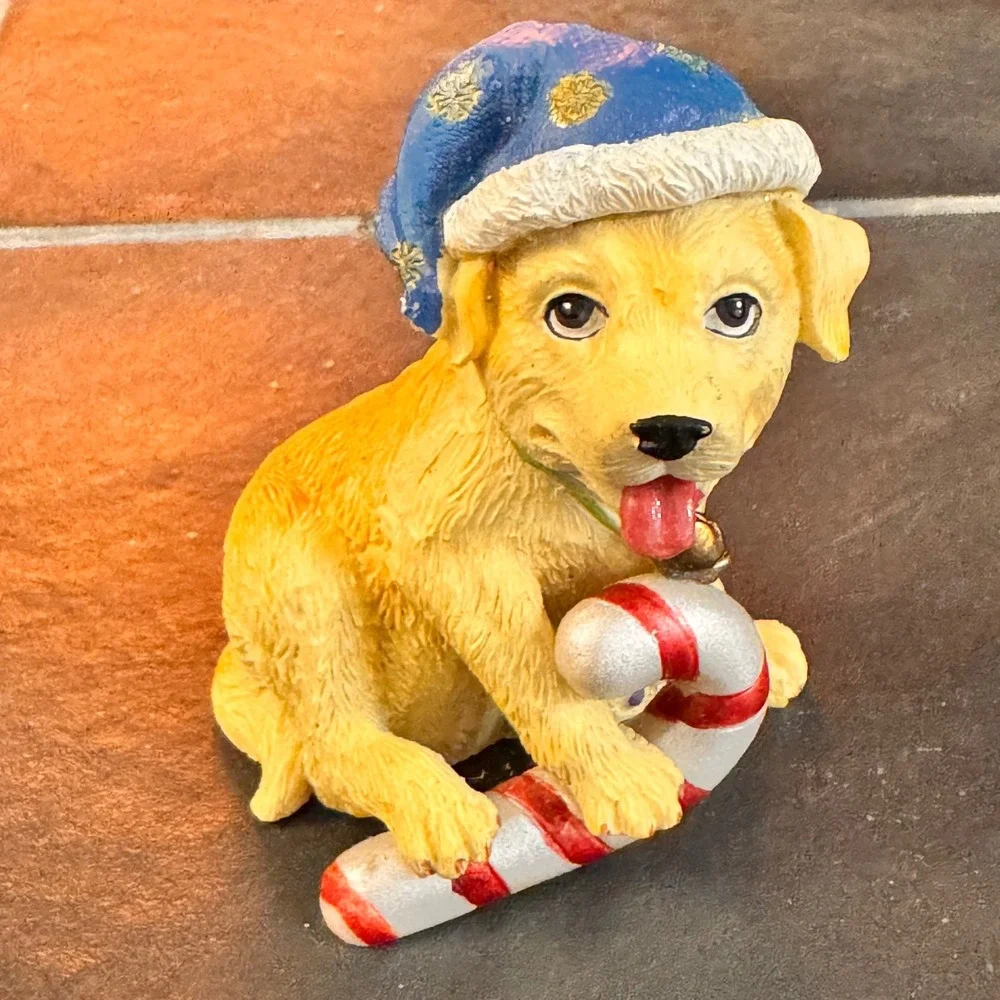 Adorable Golden Retriever Puppy Christmas Mini Decor‎ Candy Cane Hat Bell